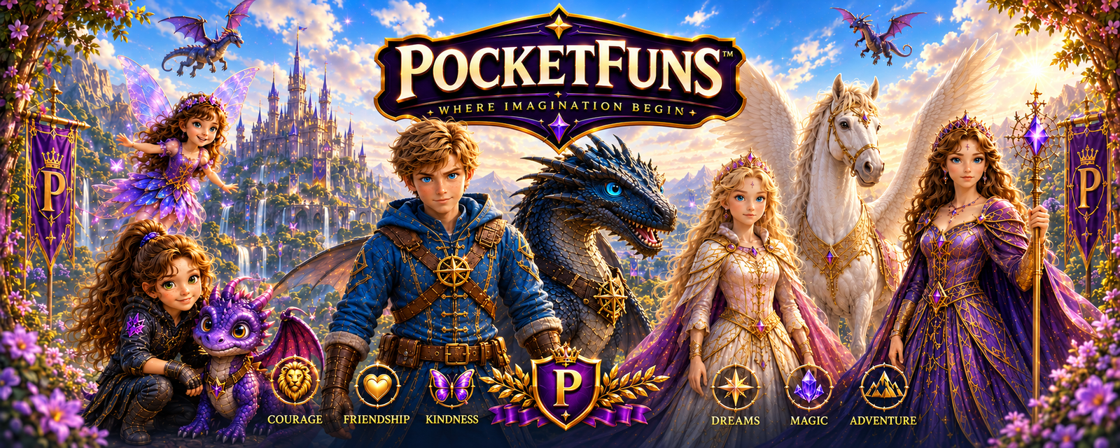 PocketFuns fantasy banner featuring young adventurers, dragons, a fairy and a winged horse in a magical kingdom.