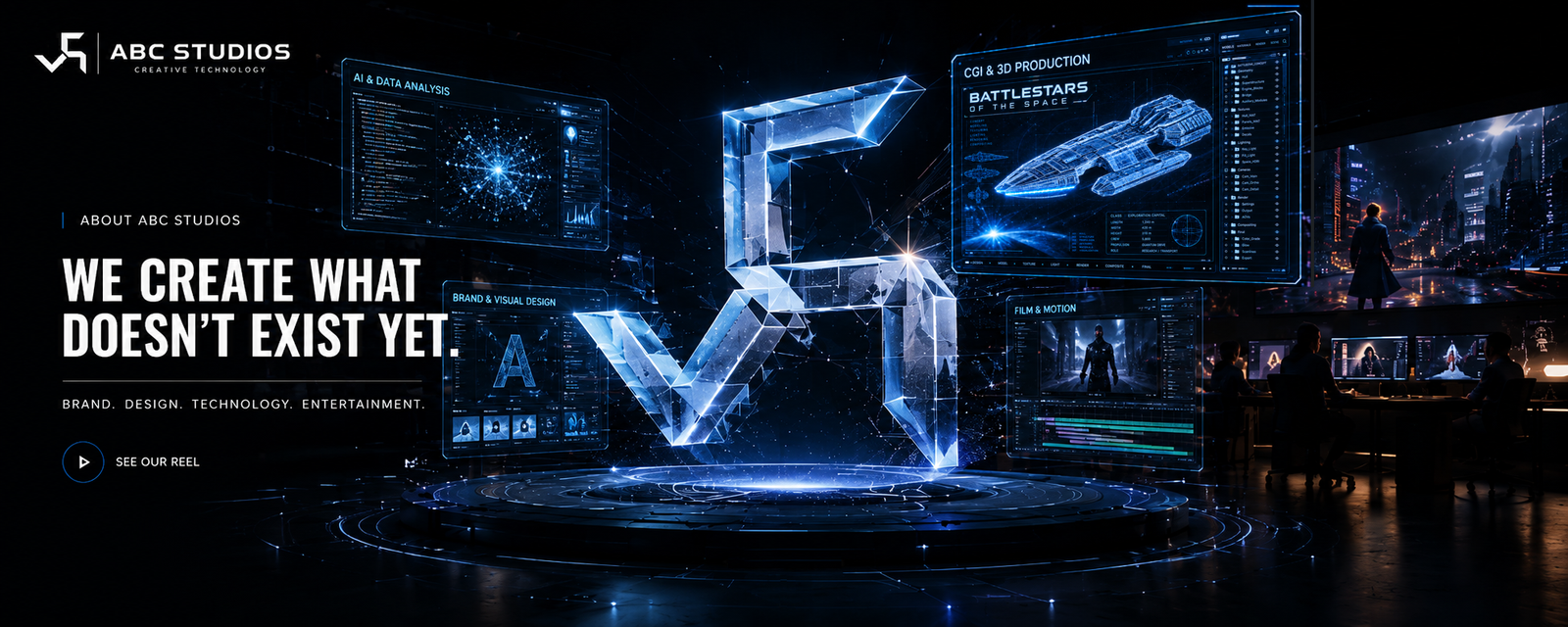 ABC Studios creative technology banner featuring AI, CGI, 3D production, visual design and film production.