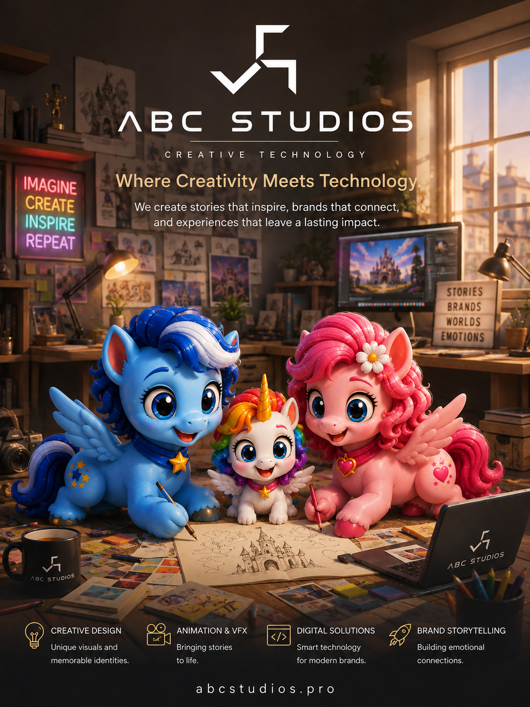 ABC Studios careers banner featuring creative design, animation, digital solutions and brand storytelling in a technology-driven studio environment.
