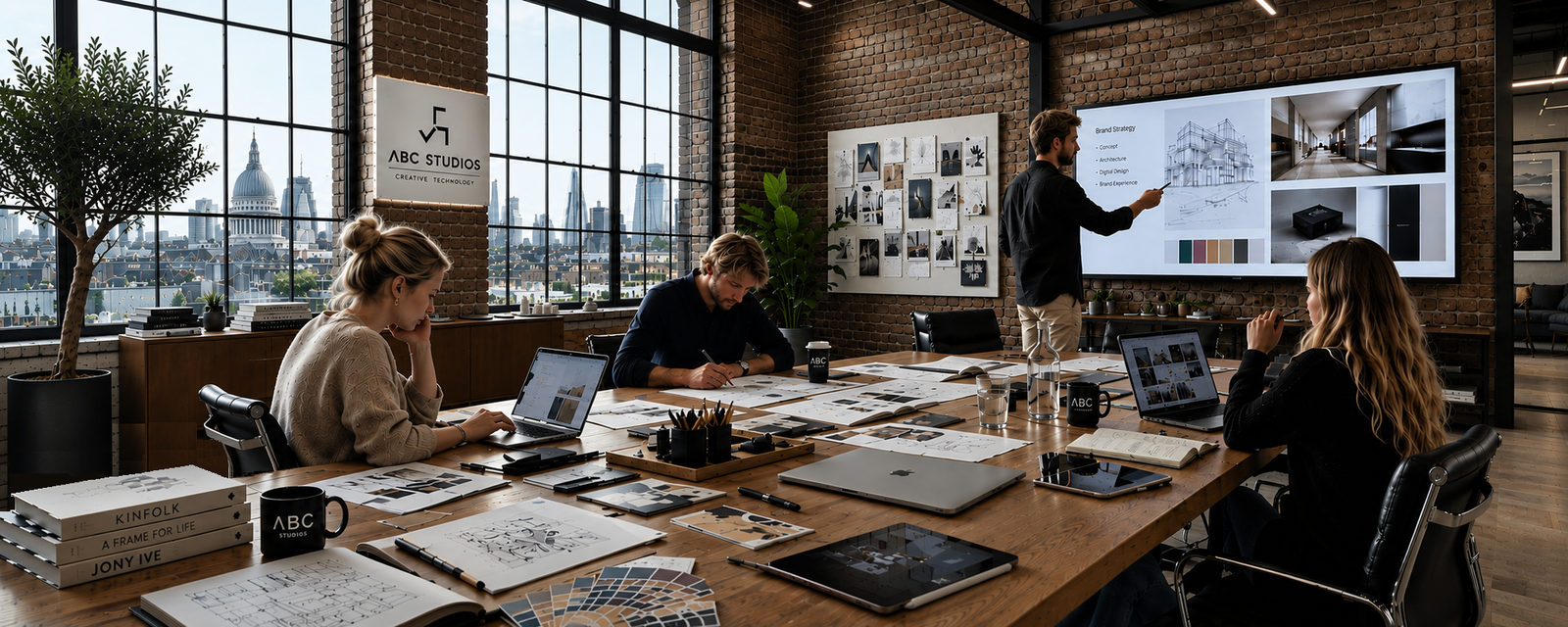ABC Studios creative team collaborating in a modern London office on branding, design and technology projects.