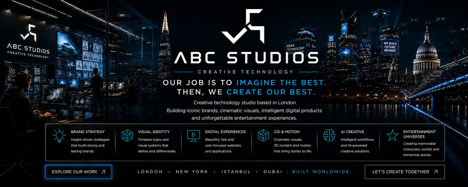 ABC Studios creative technology banner featuring a digital design studio and the London skyline at night.
