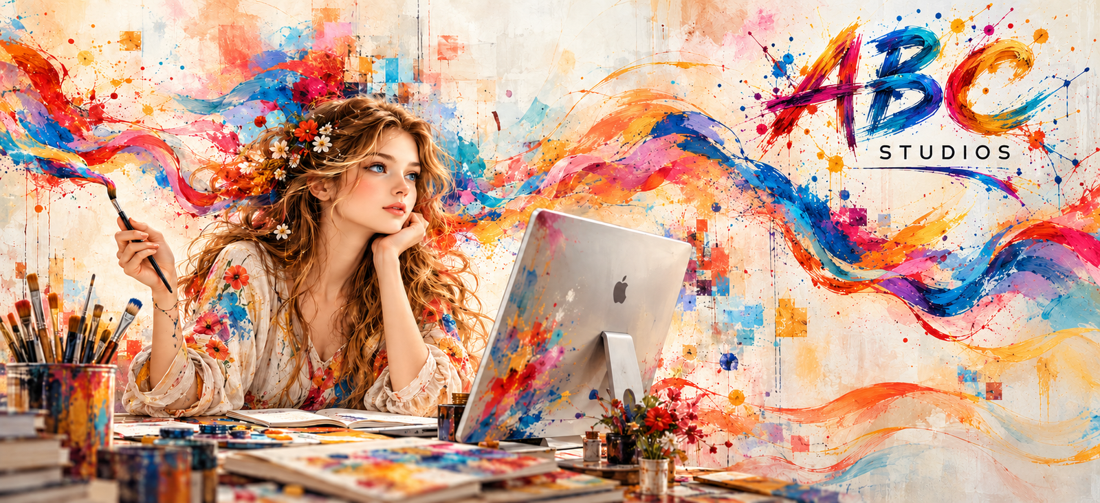 ABC Studios artistic banner with a young creator, colorful paint waves and a hand-painted ABC logo.