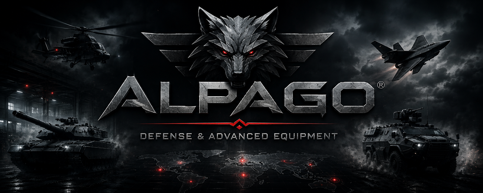 Alpago Defense & Advanced Equipment banner featuring military vehicles, helicopter, fighter jet and armored systems.