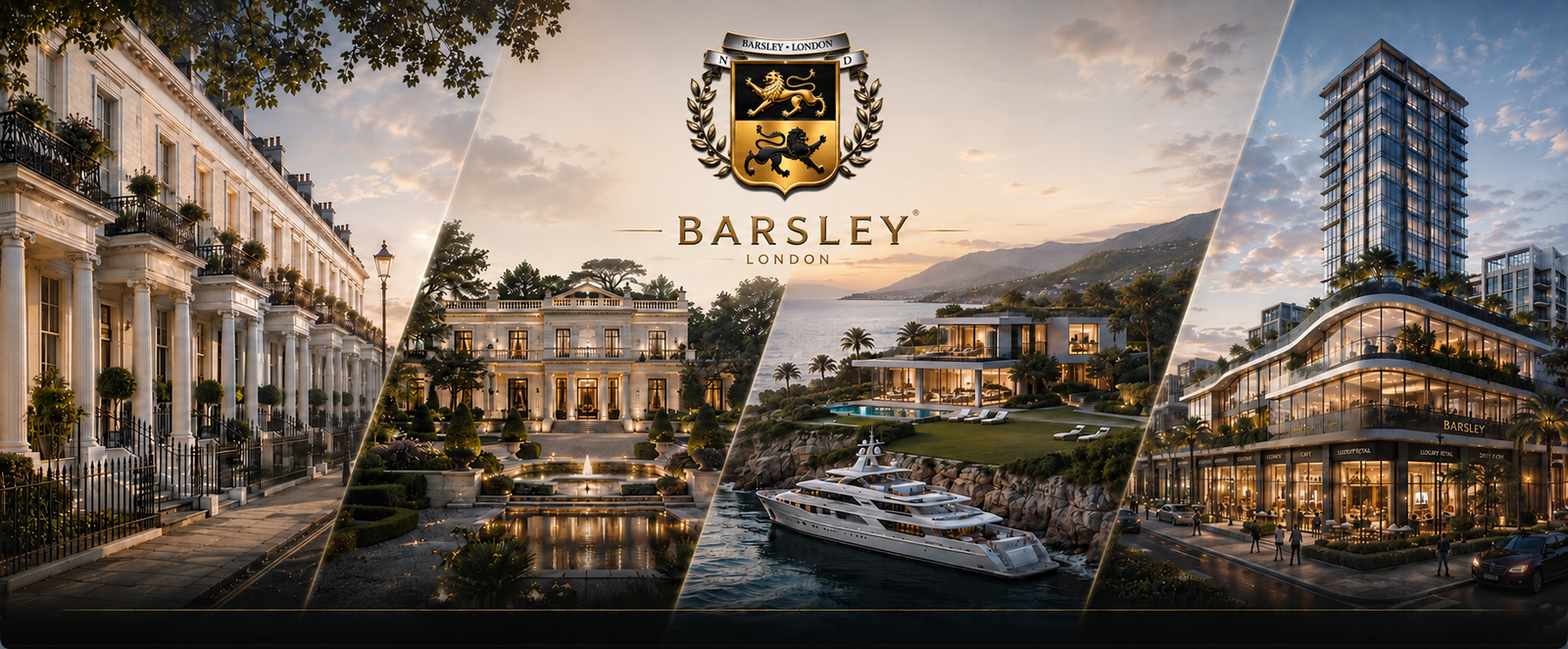 Barsley London luxury lifestyle banner featuring elegant residences, a coastal villa with yacht, and a premium modern development.