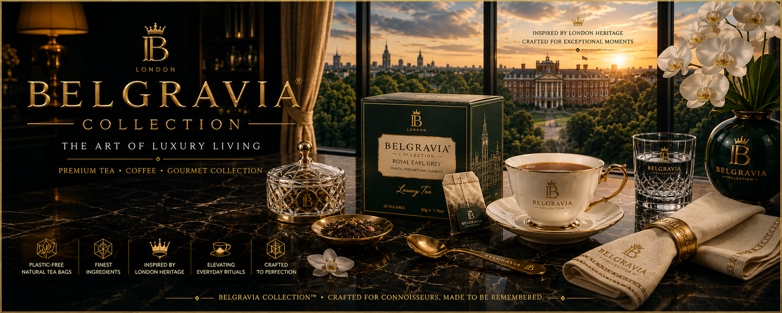 Belgravia Collection premium tea and coffee inspired by London heritage, presented in an elegant luxury setting.