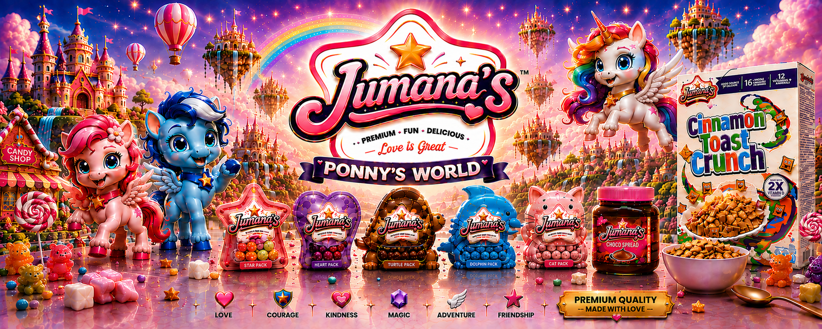 Jumana’s Ponny’s World banner featuring colorful children’s candy, chocolate spread and Cinnamon Toast Crunch products in a magical fantasy setting.