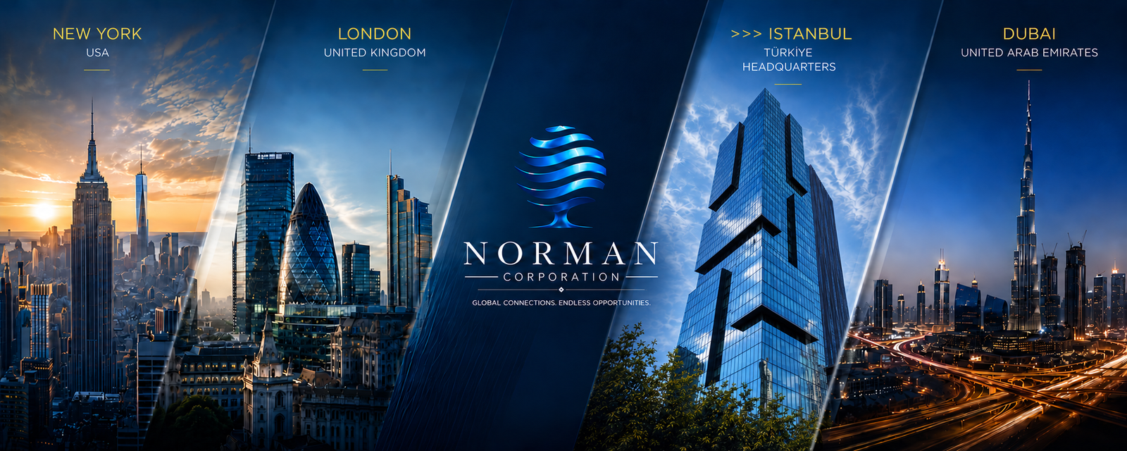 Norman Corporation banner featuring its logo and cityscapes of New York, London, Istanbul and Dubai.