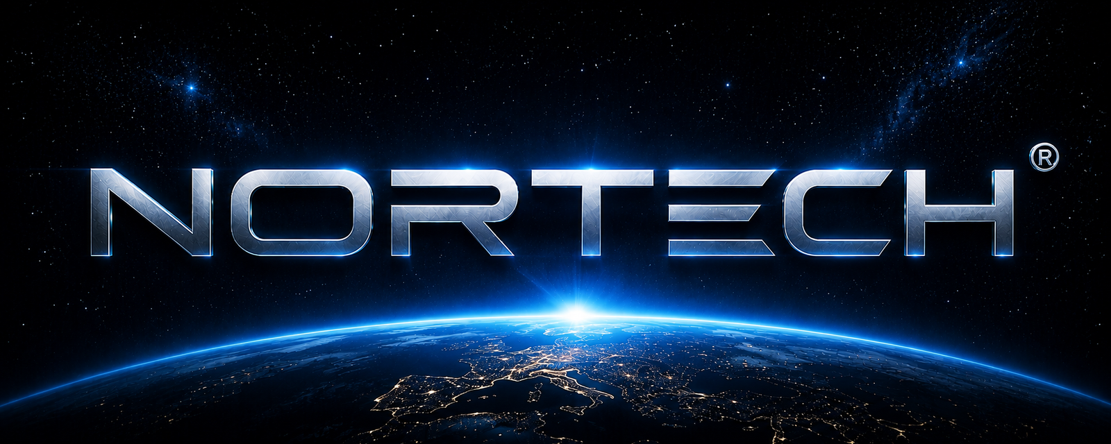 Nortech global technology brand with illuminated Earth horizon and futuristic space background.