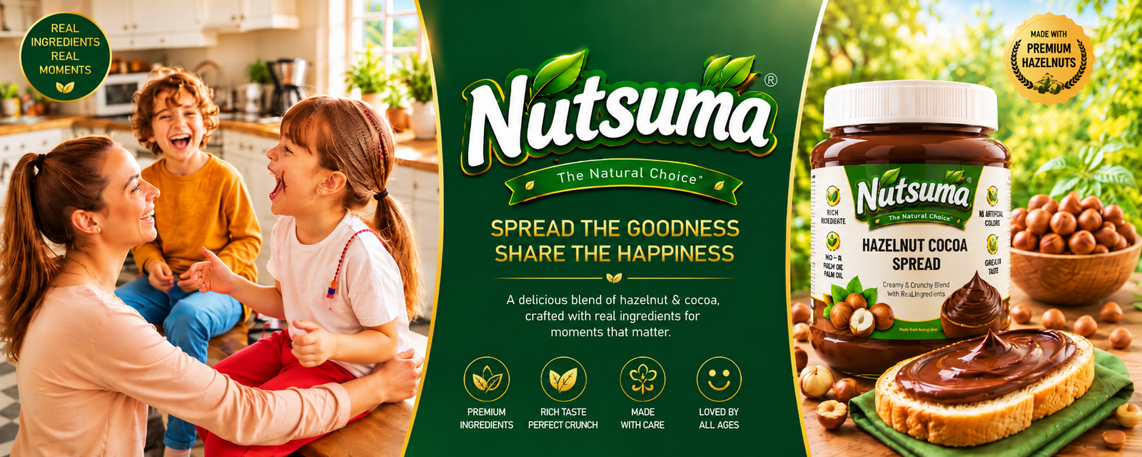 Nutsuma hazelnut cocoa spread with real hazelnuts, shown in a warm family lifestyle scene with children and a mother.