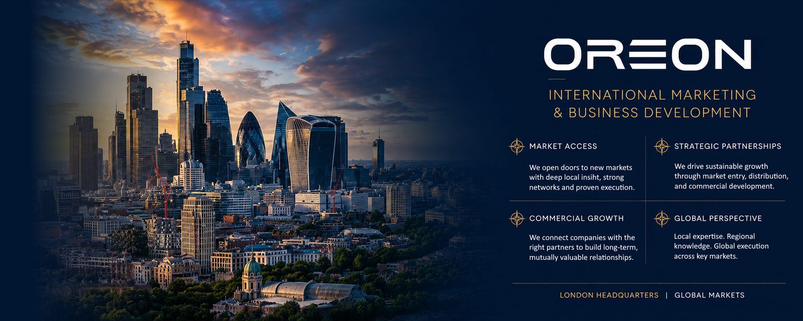 OREON International Marketing & Business Development banner featuring the London skyline, market access, strategic partnerships and global commercial growth.