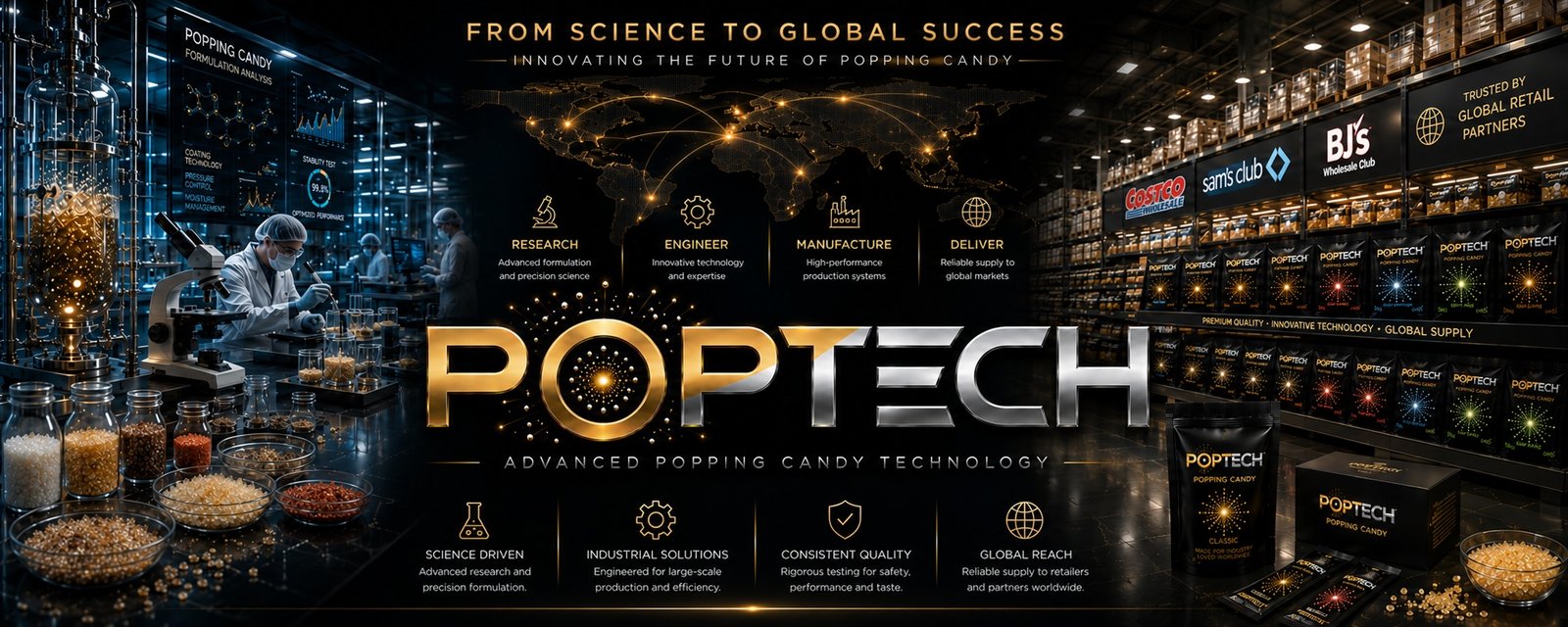 POPTECH advanced popping candy technology banner featuring research, manufacturing, global distribution and retail products.