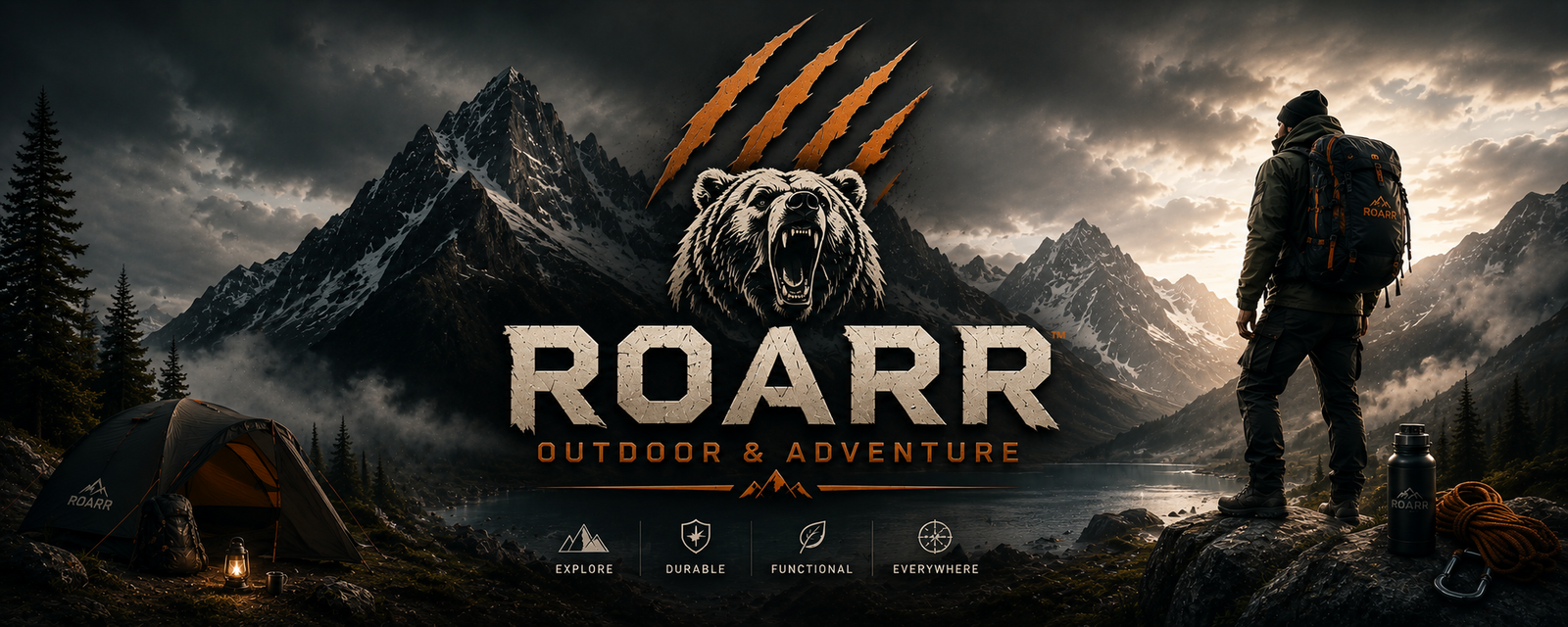 ROARR Outdoor & Adventure banner featuring a mountain expedition scene with hiking gear, tent and rugged alpine landscape.
